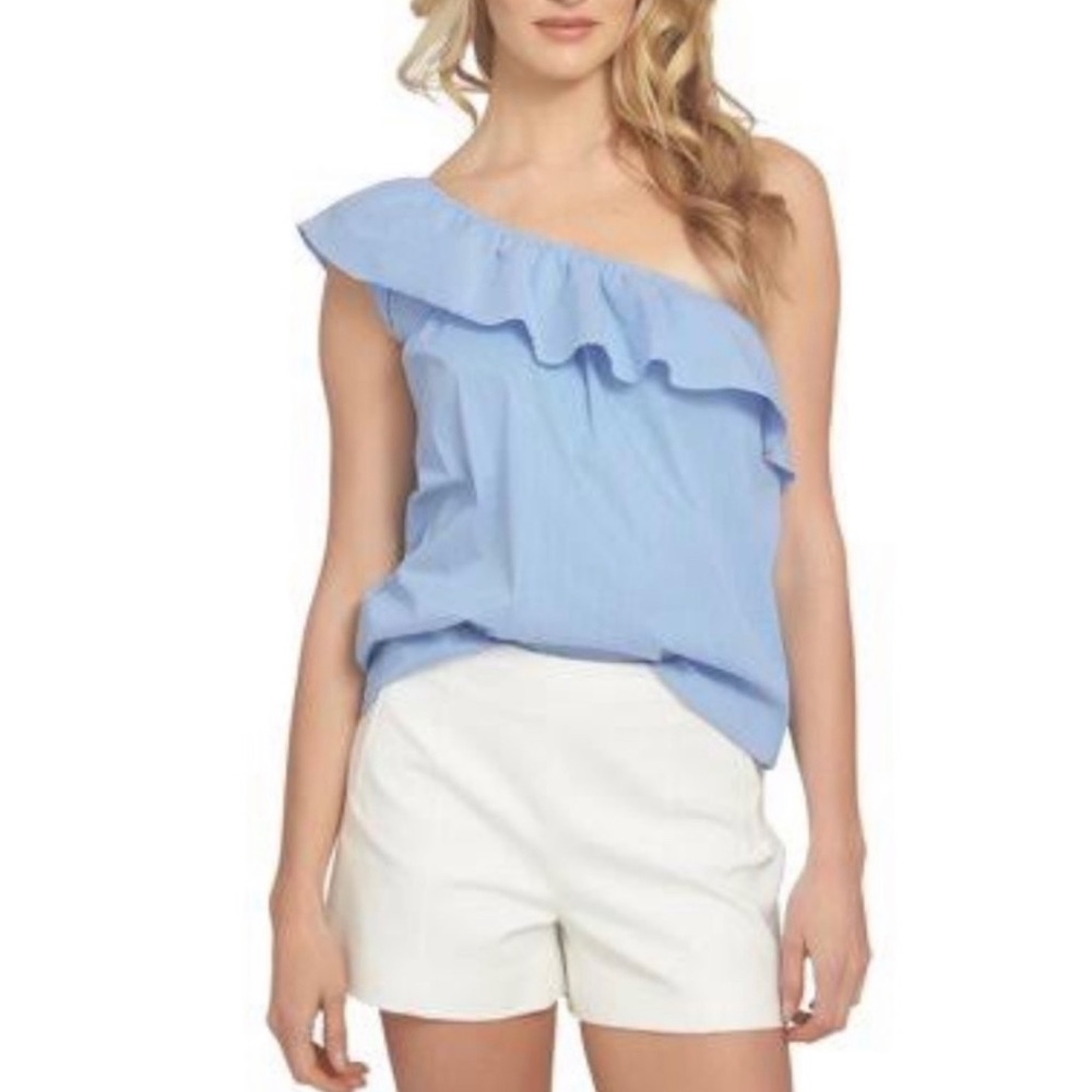 1.State One Shoulder Ruffle Top Liberty Blue Large